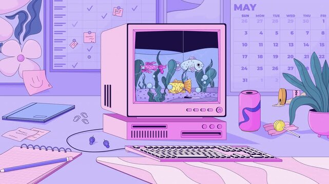 Retro computer aquarium desk lofi animation. Cozy workspace with whimsical fish. Digital fishtank. Study clutter. Lo Fi aesthetic animated background 4K video. Flat 2D cartoon nostalgic live wallpaper