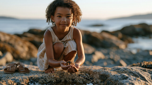 Young girl crouching to examine tide pool creatures during summer low tide, wonder-filled expression as a hermit crab navigates between her fingers, rocky coastal setting bathed in warm solstice aft
