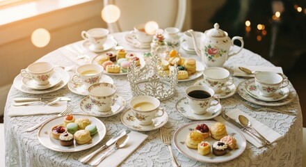 Fototapeta premium Elegant Afternoon Tea Party Spread with Delicate Pastries and Fine China.