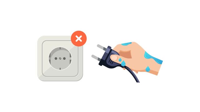 4K animation of wet hand holding an electric plug near a power socket with warning symbol, Electrical safety concept illustrating danger of plugging devices with wet hands.