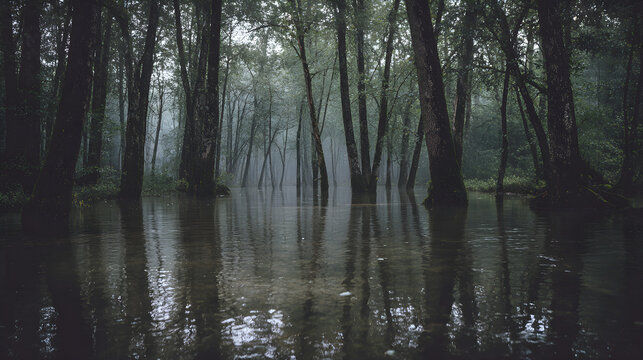 Dramatic flooded forest landscape featuring tall trees submerged in dark still river water during a moody overcast day in a remote wilderness environment scene