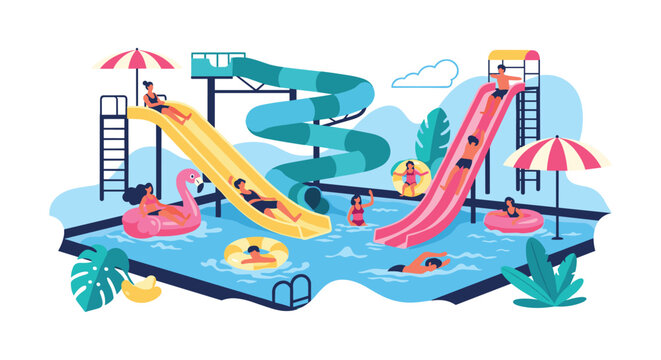 Vibrant outdoor water park scene with people enjoying colorful water slides swimming pools and various inflatable pool floats.