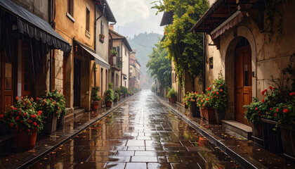 Fototapeta premium Cobblestone street buildings artwork