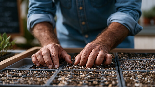 Weathered hands pressing seed trays inside a community supported agriculture greenhouse, volunteer coordinator organizing weekly CSA box pickup station nearby, hand-lettered chalkboard listing seaso
