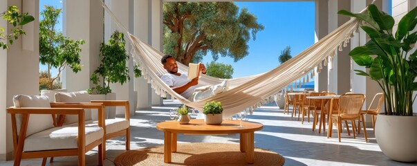 Naklejka premium Man relaxing in an elegant hammock reading on a sunny Mediterranean terrace with plants