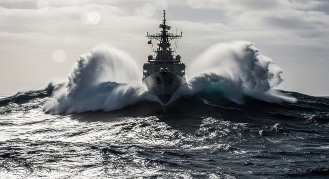 Powerful Warship Navigates Through Crashing Ocean Waves Under Dramatic Sky.