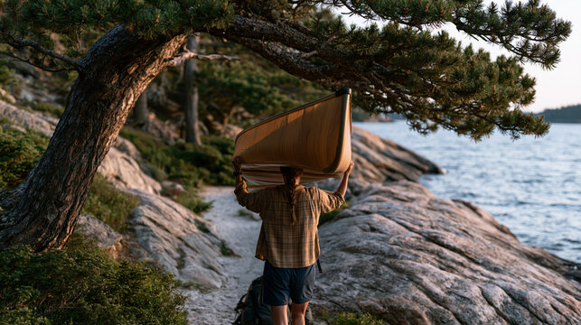 Solo canoeist pulling a loaded portage yoke over her head at a lakeshore carry trail on the summer solstice, the upturned canoe balanced on her shoulders and a pack at her feet, ancient pines archin