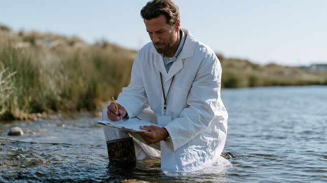 Single professional environmental scientist collecting water samples from river basin under harsh midday sun, wading boots submerged, clipboard notes on clipboard lanyard, World Environment Day fiel