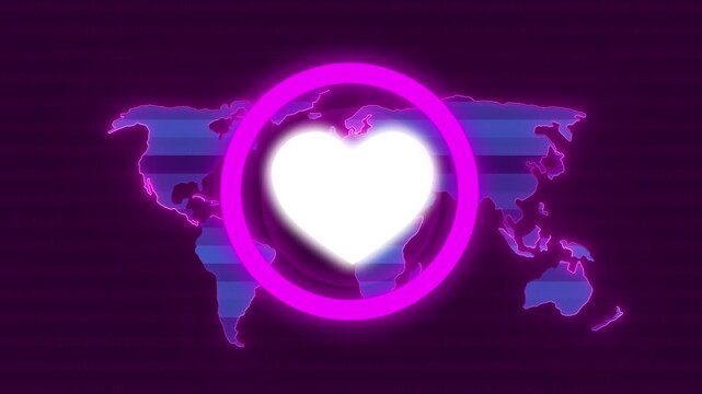 Purple digital world map with glowing white heart and binary code. World map globe earth. Professional world map for global social media connection and digital network interaction.