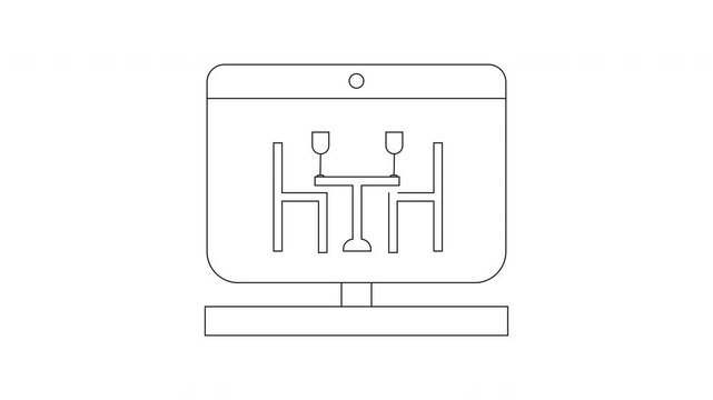 A minimalist line drawing of a computer screen displaying a table with two chairs and wine glasses.
