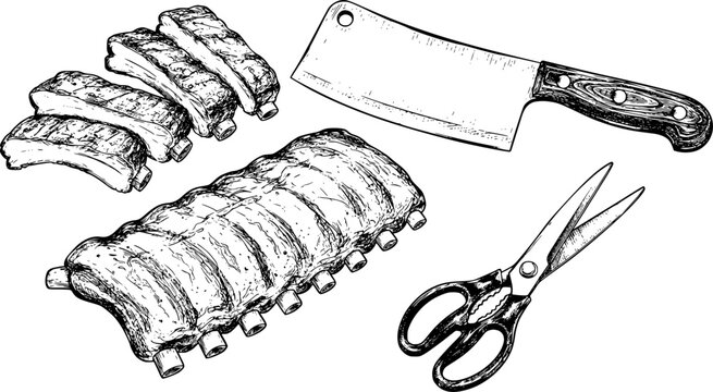 Hand-drawn of raw pork ribs with butcher knife and kitchen scissors meat food