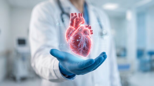 A glowing anatomical human heart model floats above a gloved hand featuring digital data overlays for advanced medical research analysis