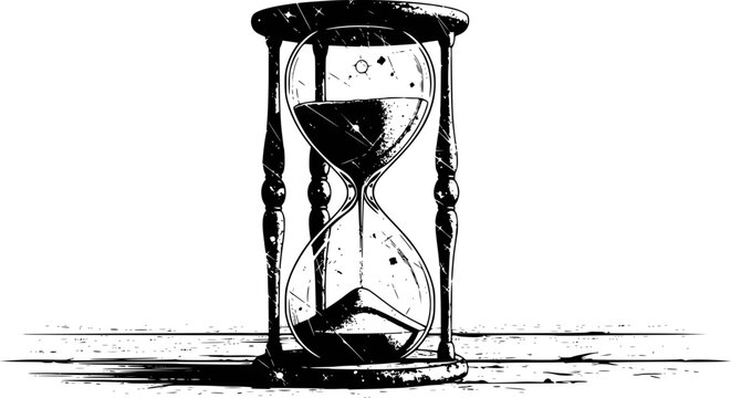 Vintage hourglass with sand flowing, representing time passing, a textured wooden surface