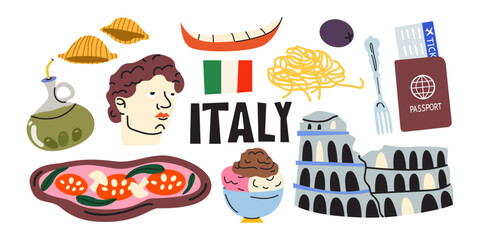 Italy travel and culture elements collection with pizza, pasta, colosseum, passport, gelato, olives. Travel stickers set in trendy cartoon style © luamor
