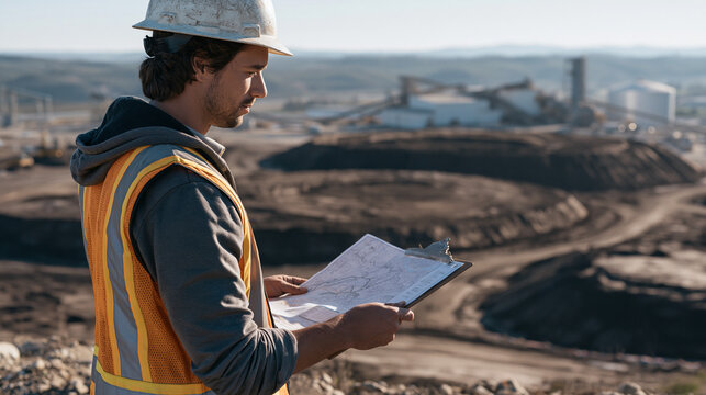 Industrial composting scale-up facility aerial perspective showing circular windrow piles at varying decomposition stages, facility manager in high-visibility vest reviewing site map on clipboard at