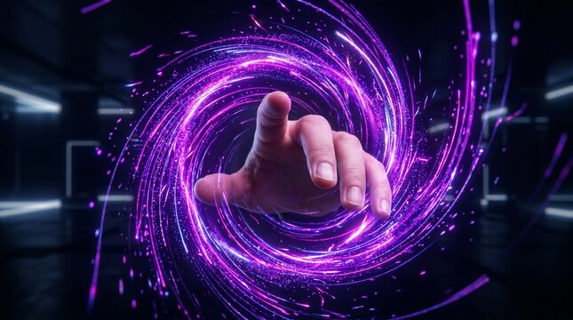 A human hand reaches into a glowing purple vortex of swirling light particles creating a dynamic and futuristic cosmic portal