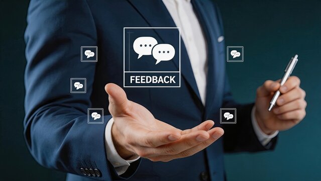 Businessman presenting feedback concept, professional communication and client review strategy for corporate success, digital interface showing dialogue icons and data analysis.