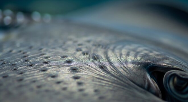 Close up of a stingrays patterned skin and eye.