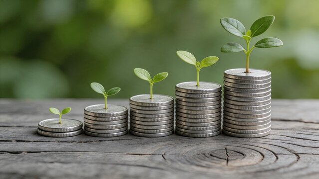 Growing plants sprouting from stacks of silver coins arranged in ascending order on wooden table, symbolizing financial growth, investment returns, savings accumulation, wealth