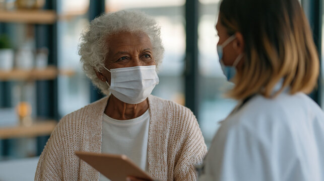 Hospital readmission prevention coordinator interviews a recently discharged elderly woman in a transitional care clinic examination room, reviewing a risk stratification flag on a tablet while a co