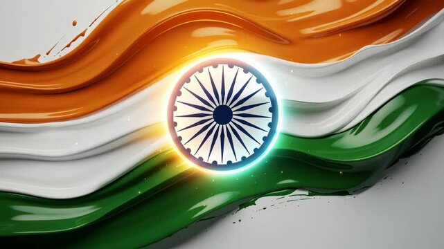 Abstract Indian flag tricolor waving in liquid paint ripples with glowing Ashoka Chakra for Republic Day celebration