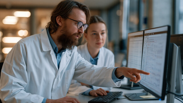 Genomics laboratory manager trains a new clinical bioinformatics analyst at a sequencing data visualization workstation in a molecular pathology department, pointing to somatic variant filtering par