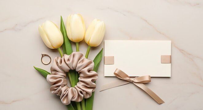 Three yellow tulips with a silk scrunchie and a blank greeting card on a soft beige marble table surface