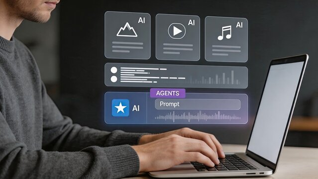 Man using laptop with artificial intelligence agents interface, prompt engineering workflow visualization, generative AI tools for content creation including image video audio,
