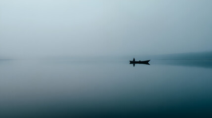 Naklejka premium Lone person rowing a small wooden boat across a vast calm lake under a thick dense foggy sky creating a minimalist atmospheric scene of quiet solitude