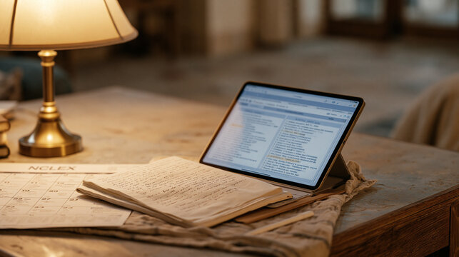 Close up of a spaced repetition digital flashcard deck on a tablet screen, medical terminology terms highlighted in a surgical nursing study set, a hospital break room table lamp casting warm light 