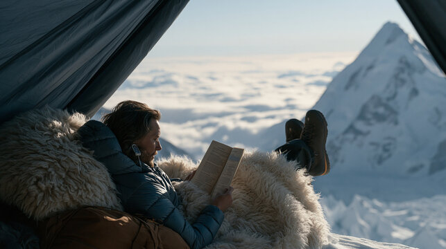 Basecamp acclimatization rest day moment, a high-altitude mountaineer lying in a tent vestibule with legs elevated on a duffel bag, reading a route beta printout while an oxygen saturation monitor c