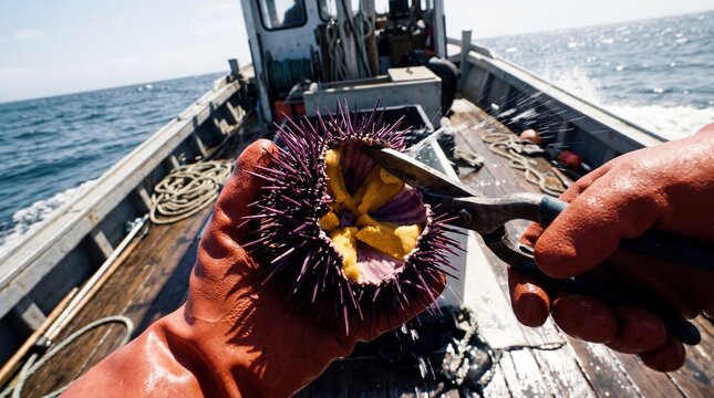 Fisherman opening a fresh purple sea urchin on a boat at sea