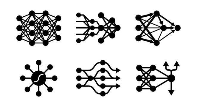 Neural Network Icons, Deep Learning Diagrams, Artificial Intelligence Network Structures, Machine Learning Node Connections