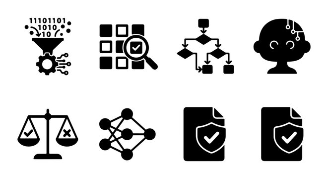 AI and Machine Learning Icons: Data Processing, Algorithm, Neural Network, Ethics, Security, 8 Vector Elements