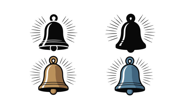 Set of four ringing bell icons with sound waves in different colors and styles isolated.