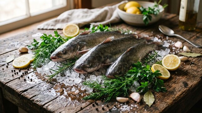 Fresh Fish on Ice With Herbs and Lemon