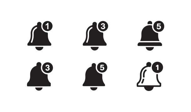 Notification bell icon collection with numeric badge counters for mobile application design.
