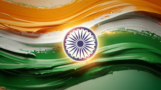 Indian Flag Symbol Floating Over Artistic Tricolor Paint Motion Background