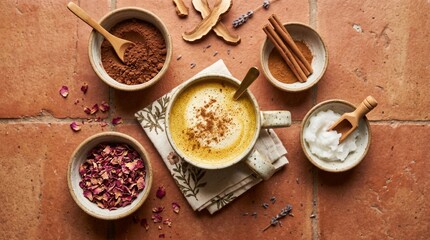 Fototapeta premium Holistic Turmeric Golden Milk Latte with Adaptogens and Rose Petals on Terracotta