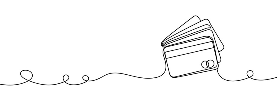Credit cards stacked connected by continuous line on baseline. No editable stroke