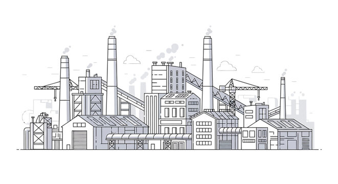 Industrial Factory Complex with Smokestacks.