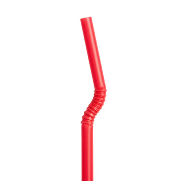 Single vibrant red plastic drinking straw with a flexible ribbed accordion joint standing vertically against a transparent background, minimalist commercial vibe