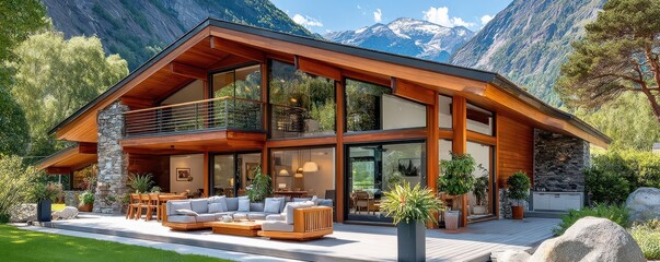 Naklejka premium Modern wooden mountain house with large windows and spacious outdoor deck