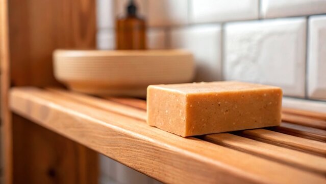 eco friendly tiny house concept. A bar of soap rests on a wooden shelf near a bowl, set against a tiled wall.