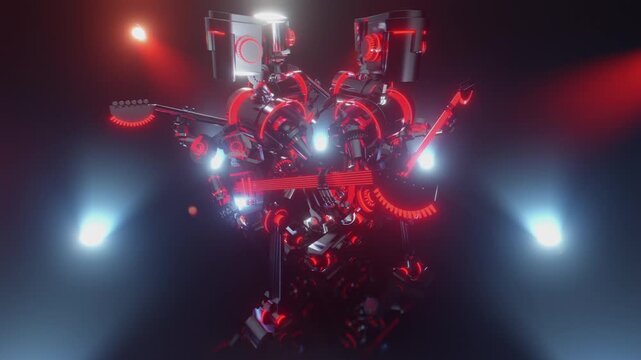 Seamless loop 3D animation of Futuristic robot musicians playing glowing electric guitar on stage with spotlights. For VJ sets, high-tech club visuals,  electronic music festivals, stage screens and f