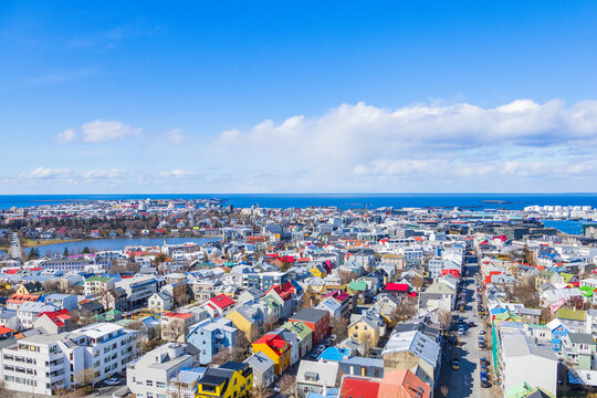 Colorful roofs of Reykjavik, capital of Iceland, from the top of the Hallgrimskirkja church