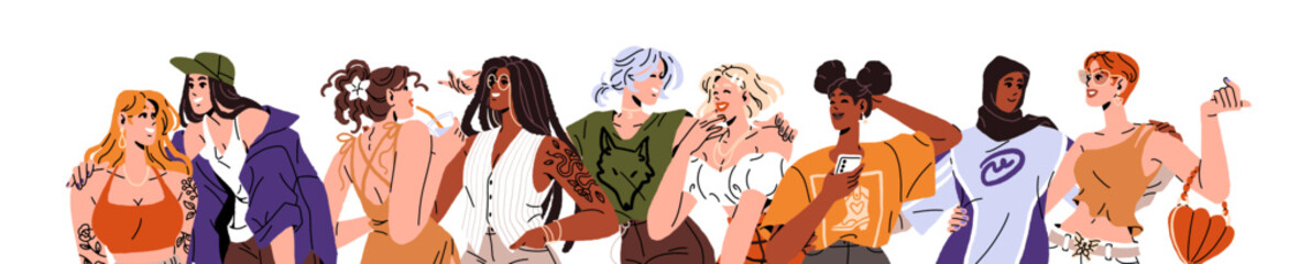 Fototapeta premium International group of girls hugs, supports and talks together. Unity of diverse happy women. Banner of sisterhood and feminist community. Flat isolated vector illustration on white background