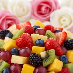 Obraz premium Colorful fresh fruit assortment with strawberries kiwi berries and tropical cubes against soft floral background.