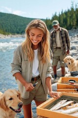 Obraz premium Young woman smiling by a river with fresh trout, dogs and family on a fishing trip