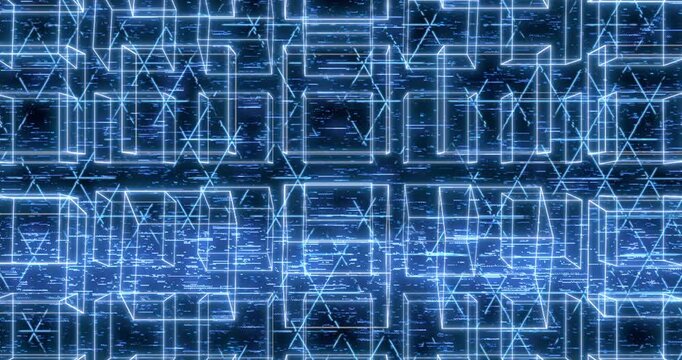 An abstract digital background of glowing blue wireframe cubes and geometric lines forming a futuristic 3D grid.